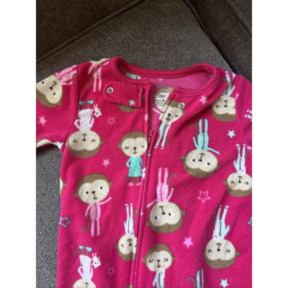 Carter's Toddler Girls 1-Piece Cute Monkey Print Cozy Fleece Zip-Up PJs Pink 18M